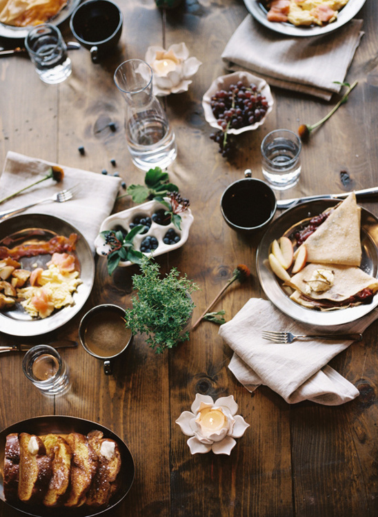 Rustic breakfast spread with french toast and fruit