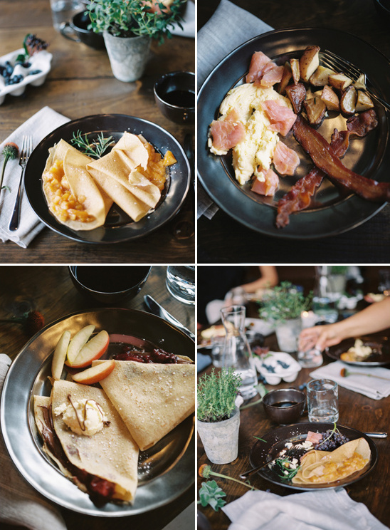 Rustic breakfast dishes featuring crepes and savory options