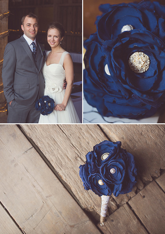 Rustic wedding bride with elegant blue brooch bouquet