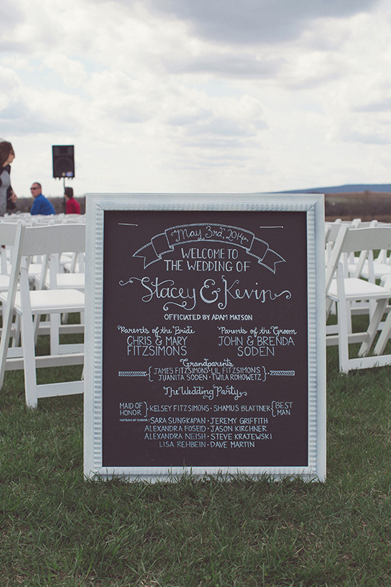 Outdoor chalkboard welcome sign for Stacey and Kevin wedding