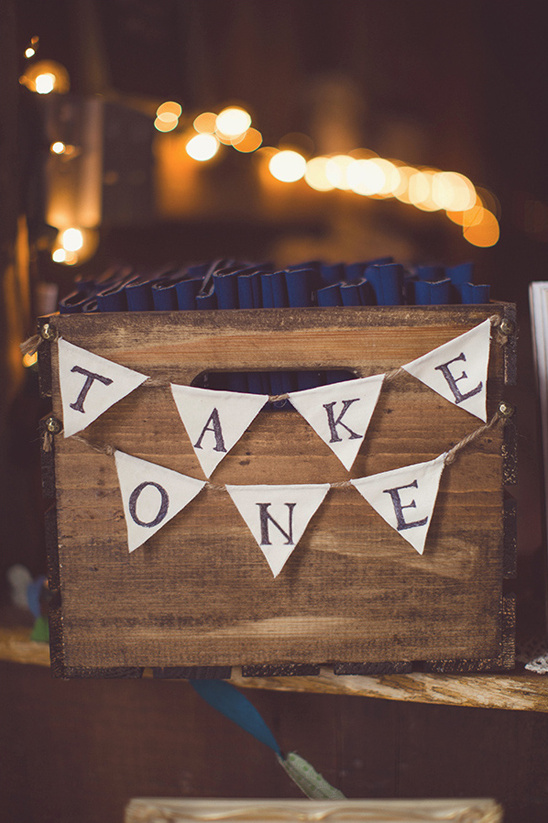 Rustic wedding favor box with Take One banner sign