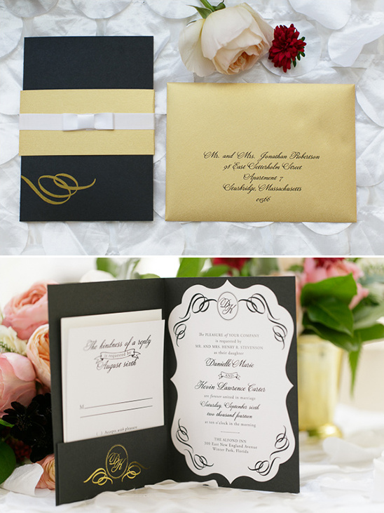 black and gold wedding stationery