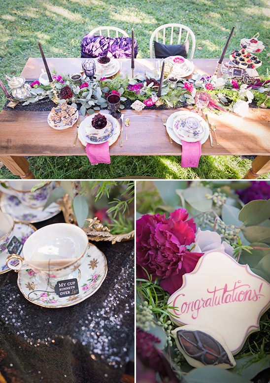 black and pink tea time setting