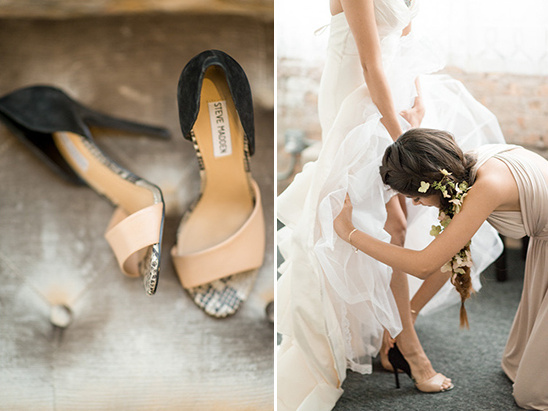 Bride wearing Steve Madden wedding heels with bridesmaid help