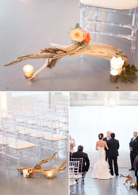 Elegant wedding ceremony aisle driftwood floral decor