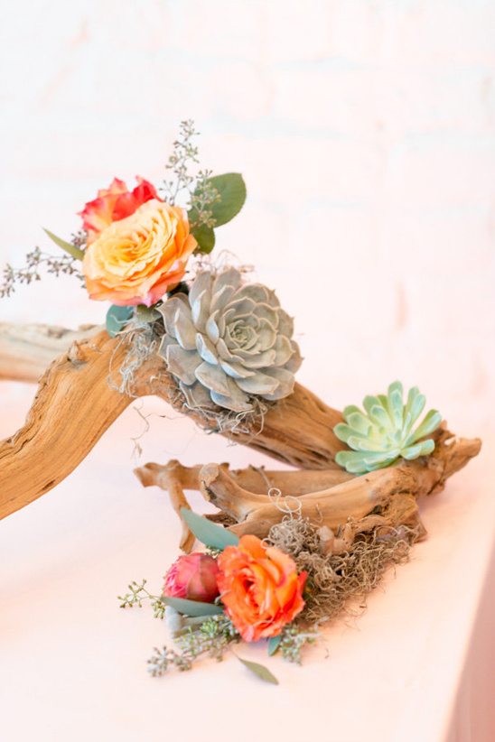 succulents roses and seeded eucalyptus accents on drift wood