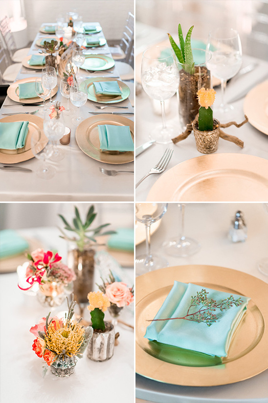 Elegant table setting gold plates mint napkins cactus decor