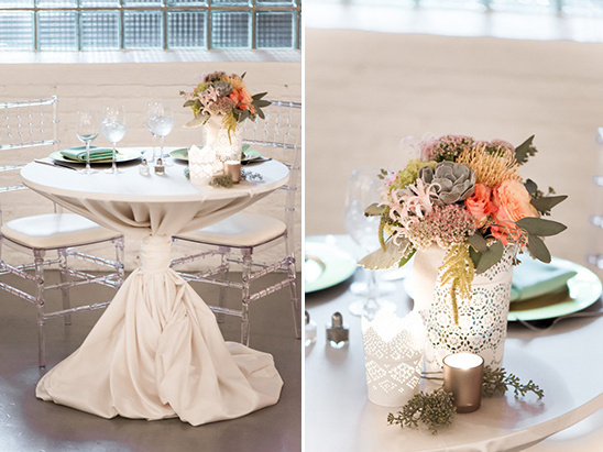 Elegant wedding table decor with flowers and white linens