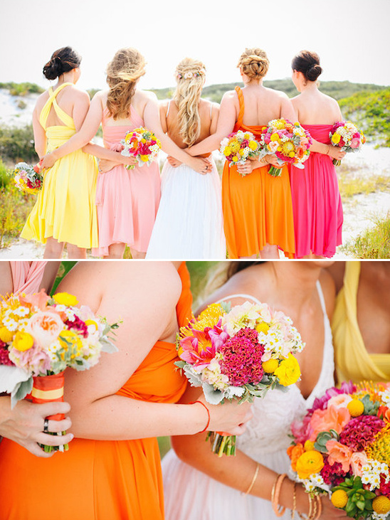vibrant bridesmaid dresses in assorted styles