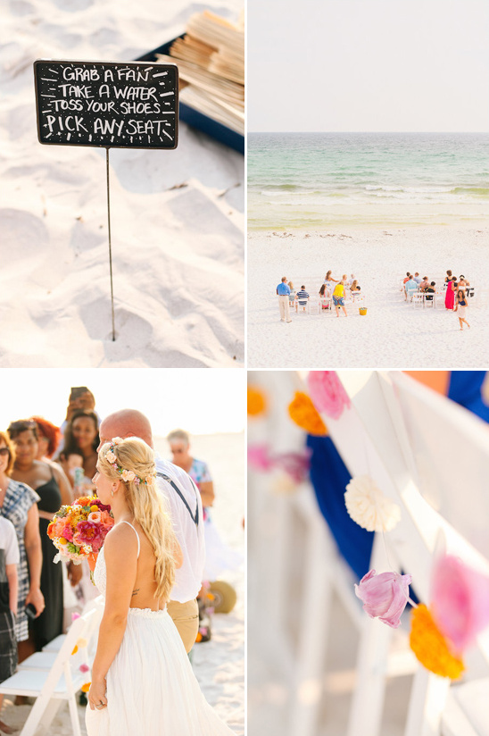 Beach wedding ceremony with guests and chair decor