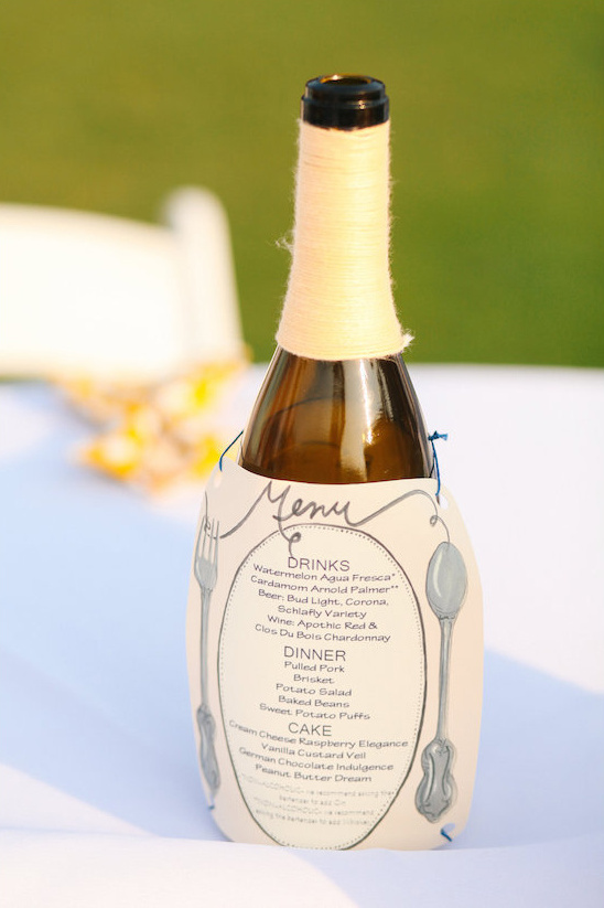 Elegant wine bottle menu for wedding reception dinner