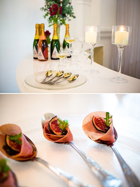Elegant party food prosciutto fig bites and champagne