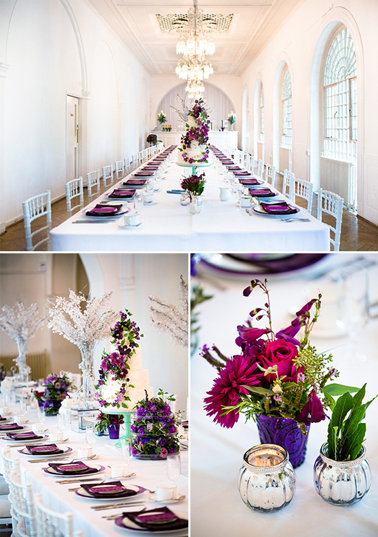 Elegant wedding table with purple flowers and cake