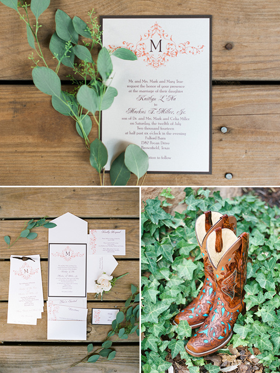Elegant wedding invitation suite and cowboy boots detail