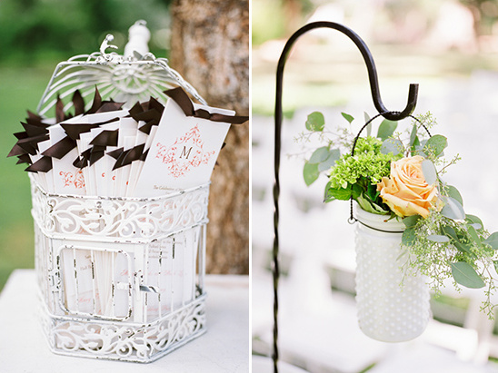wedding programs and hanging milk glass flower vases
