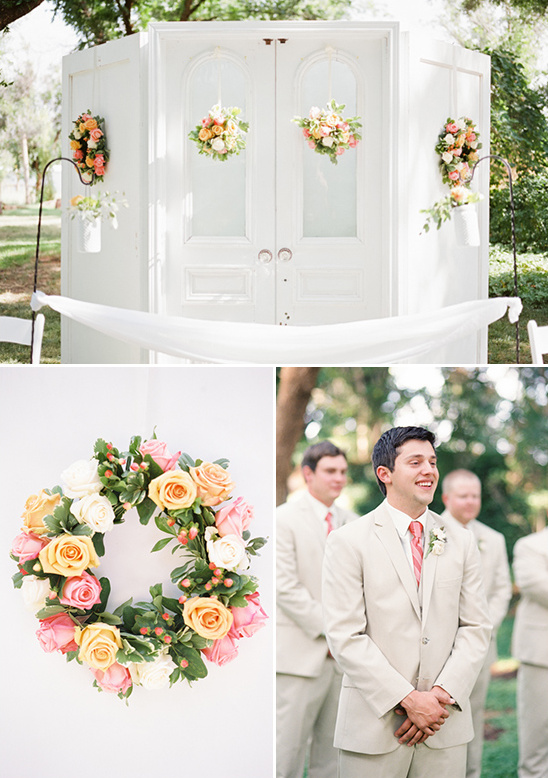 Outdoor wedding with floral decor and smiling groom