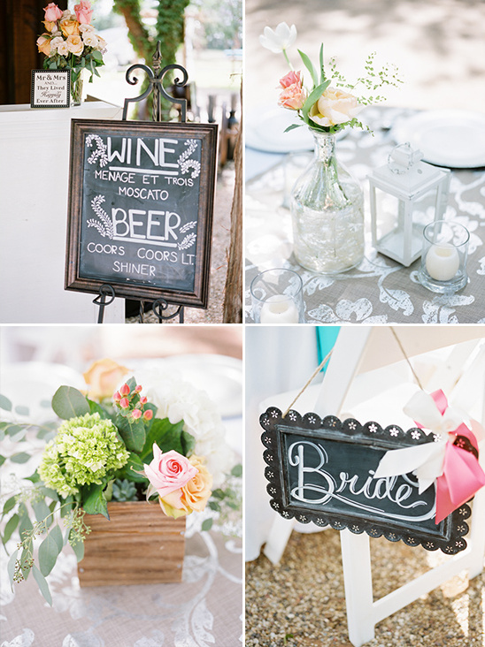 Wedding decor with chalkboard signs and floral centerpieces