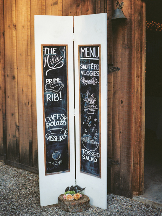 Chalkboard wedding menu sign with prime rib and veggies