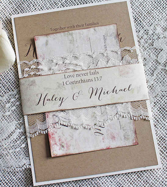 Haley and Michael rustic wedding invitation with lace