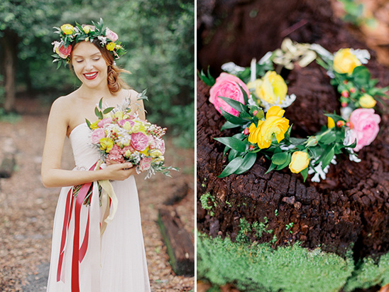 Bridal bouquet and flower crown for woodland wedding