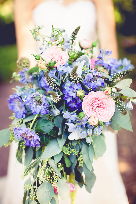 blue and pink cascading bouquet by Flower Monkey