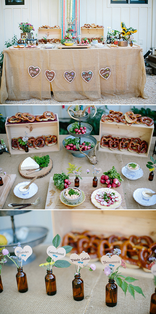 Rustic wedding buffet table with pretzels and radishes