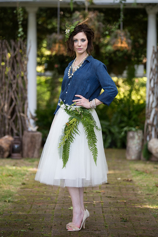 Boho chic bride denim shirt fern skirt wedding style