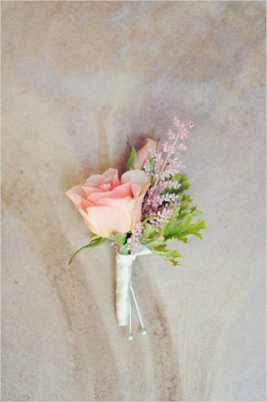 Delicate peach rose pink flower wedding boutonniere