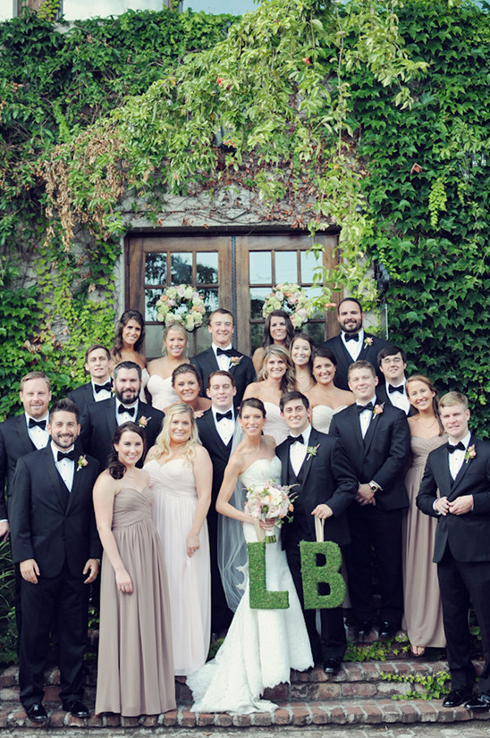 Bridal party wedding group photo bride groom outdoor LB letters