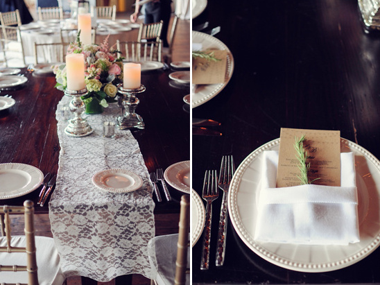 Elegant wedding table setting with lace runner and candles