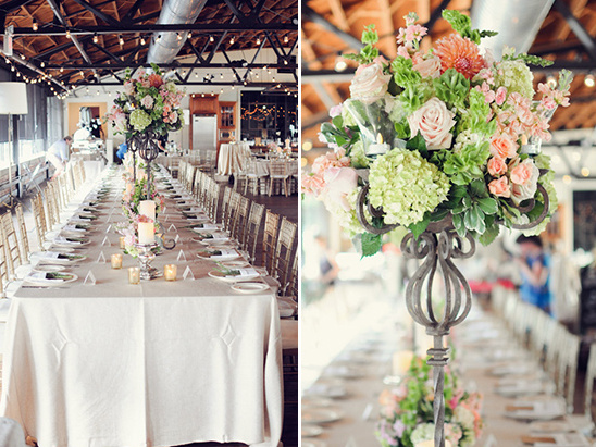 Beautiful wedding reception table with floral centerpiece