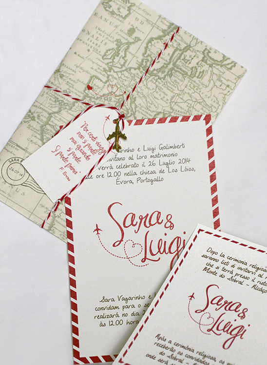 Wedding invitation with travel theme and map envelope