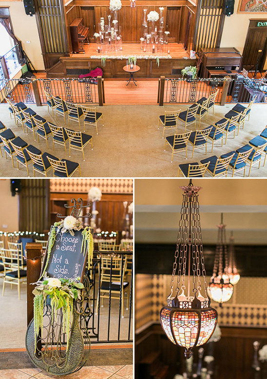 Elegant indoor wedding venue with chairs and stage