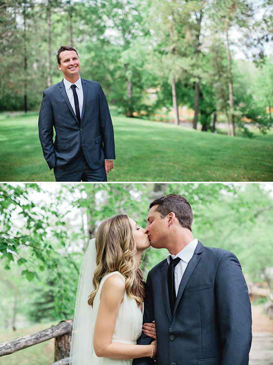 Groom before the wedding and bride and groom kissing