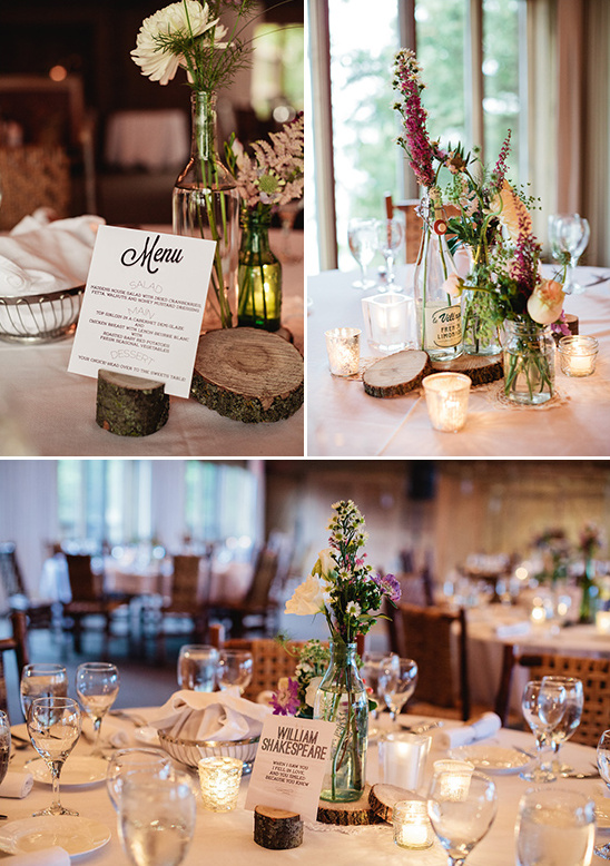 Wedding reception table settings with floral centerpieces