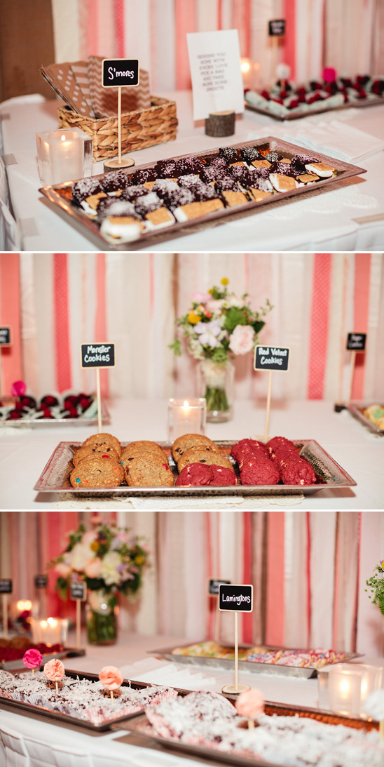 Delicious dessert table with treats and signs at a party