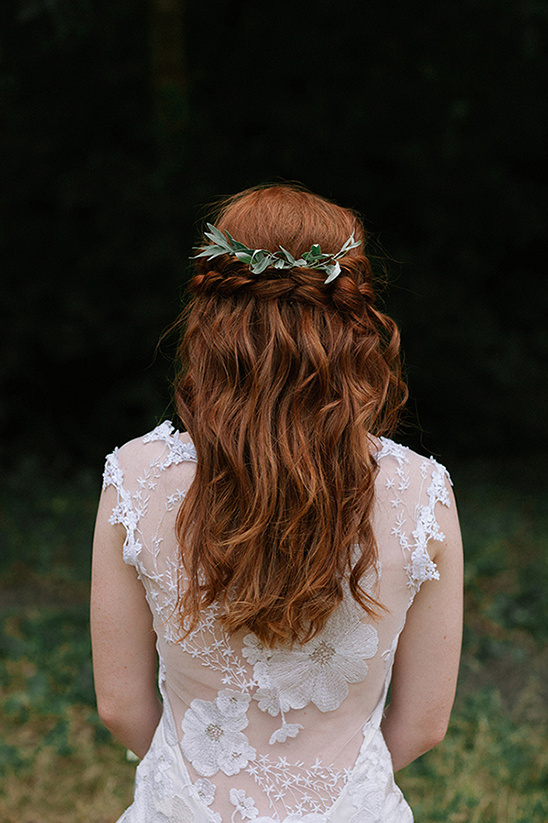 Elegant redhead bride with leaf crown lace dress back