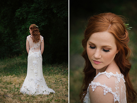 Romantic redhead bride in lace outdoor wedding dress