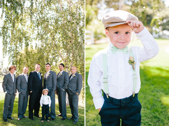 grey suited groomsmen and dapper mint ring bearer