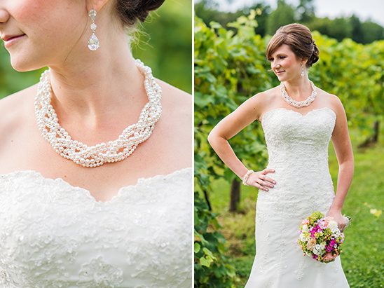 Beautiful bride wears pearl necklace wedding dress