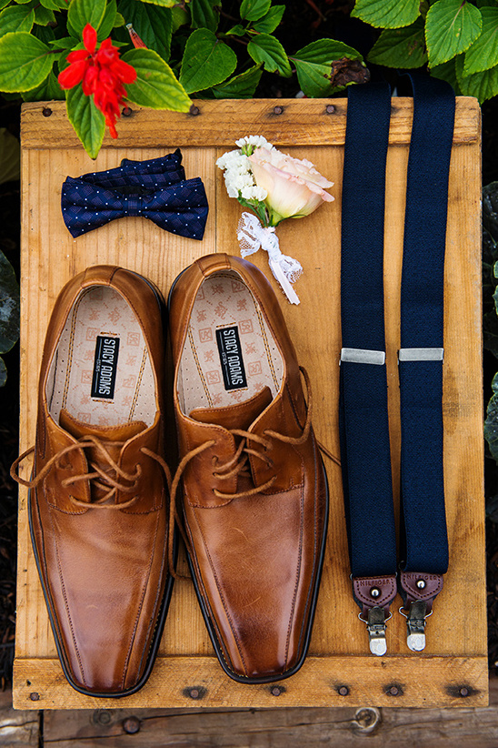 Groom wedding shoes bowtie suspenders and boutonniere