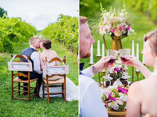 Vineyard wedding kiss and toast for happy couple celebrating
