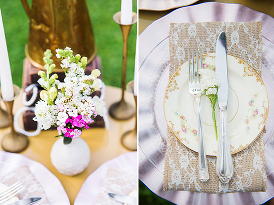 Vintage wedding table decor with flowers and elegant place settings