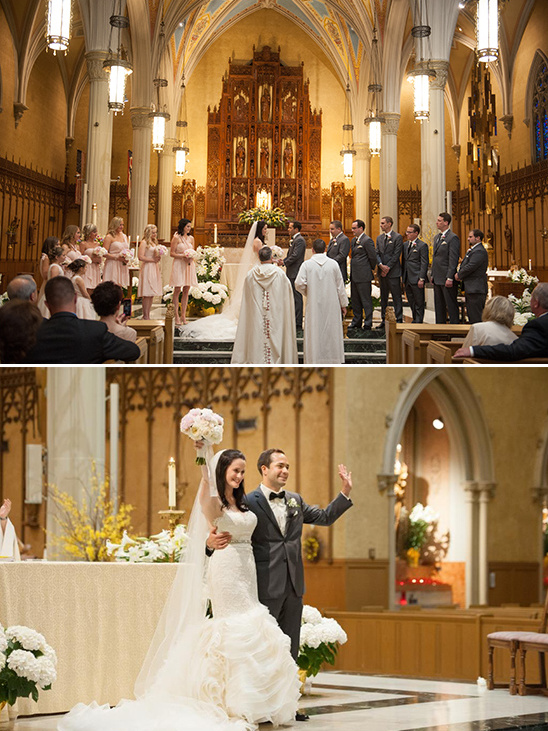 Catholic wedding ceremony with bride and groom smiling