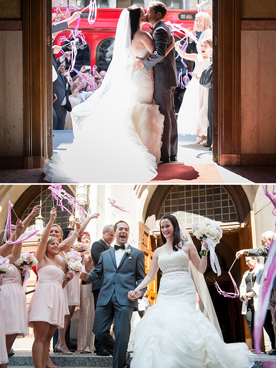 Newlyweds celebrate with ribbon send off after wedding