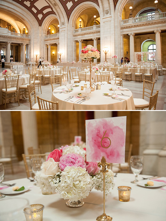 pink, gold and white wedding decor