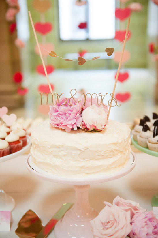 Mr and Mrs cake topper with pink peony flowers