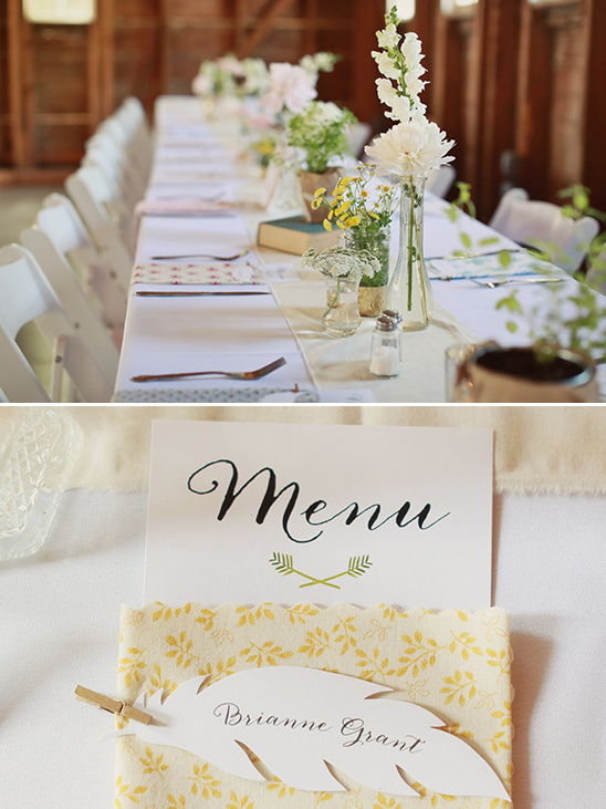 Rustic wedding table setting flowers menu Brianne Grant