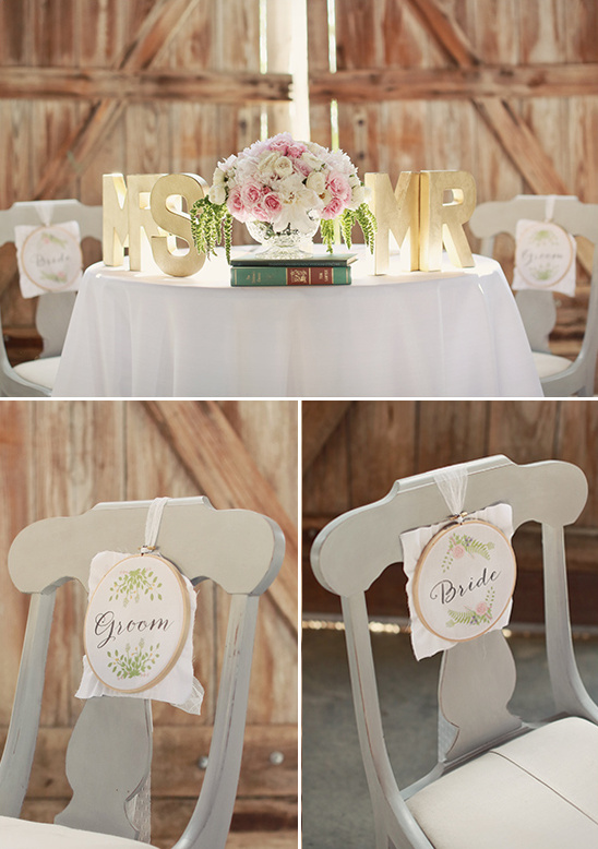 Rustic wedding table with flowers Bride Groom chairs