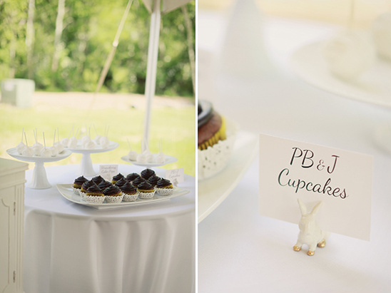 Wedding dessert table features PBJ cupcakes and cake pops outdoor
